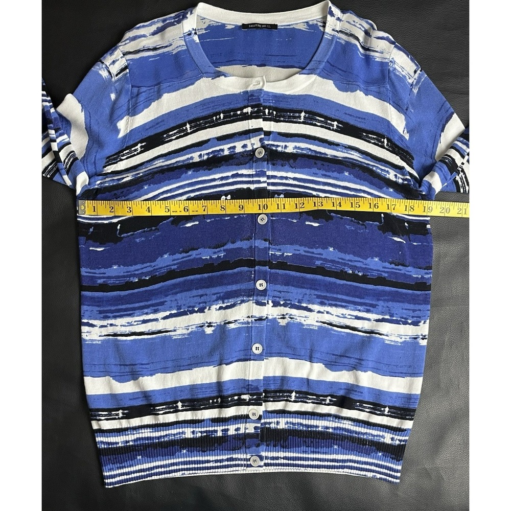 Lafayette 148‎ Abstract Stripe Silk Panel Knit Cardigan Sweater Blue White Large - Picture 6 of 12